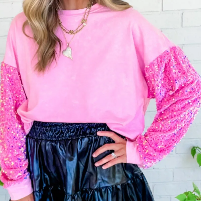 Sequined Contrast Color Long Sleeves Bottoming Shirt - Pink