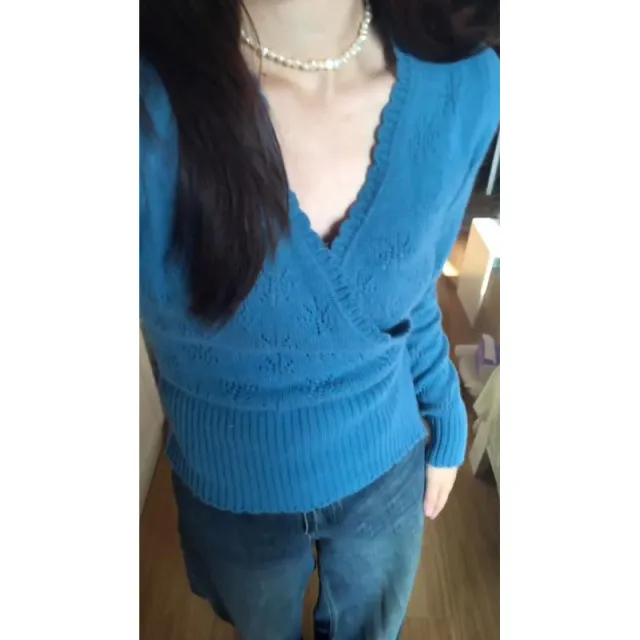 Pure Desire Style Blue Lace V neck Sweater Blue - Shop at LoveMi