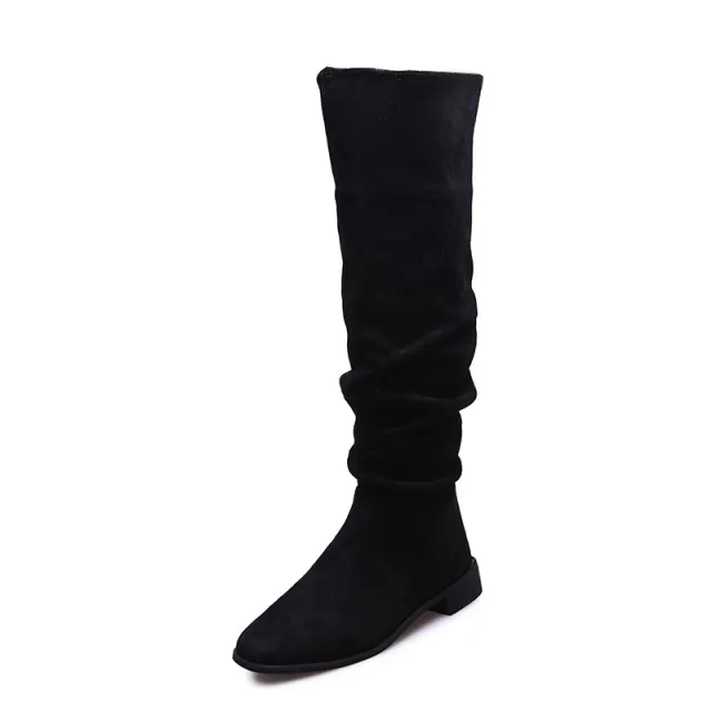 Plus Size Suede Flat Over the knee Boots Female Pointed toe Slip on Knight Black - Shop at LoveMi