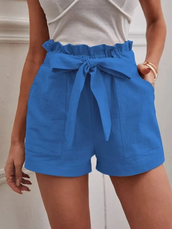 Loose Cotton And Linen Casual Pocket High Waist Wide Leg Shorts Blue - Shop at LoveMi