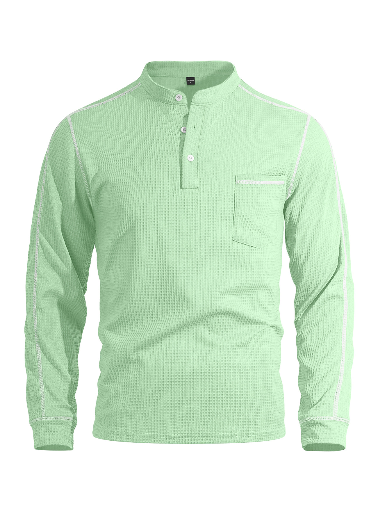 Mens Waffle-Texture Henley-Neck Long-Sleeve Polo Shirt