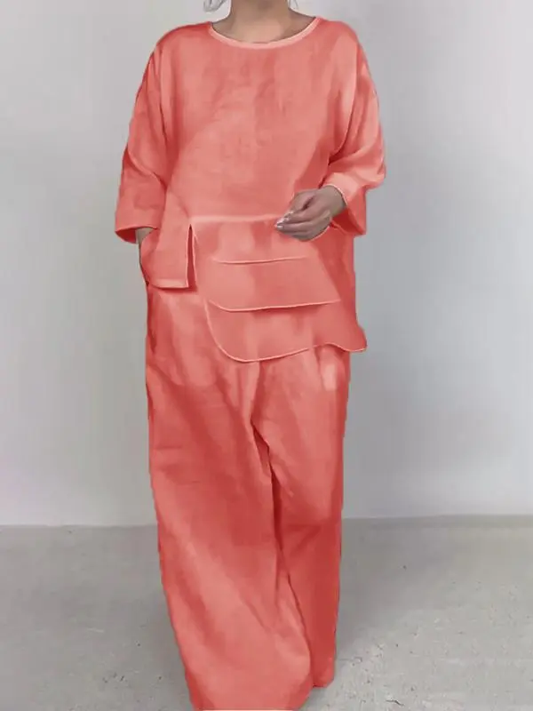 Round Neck Satin Layered Design Blouse Wide Leg Pants Suit Orange Red - Shop at LoveMi