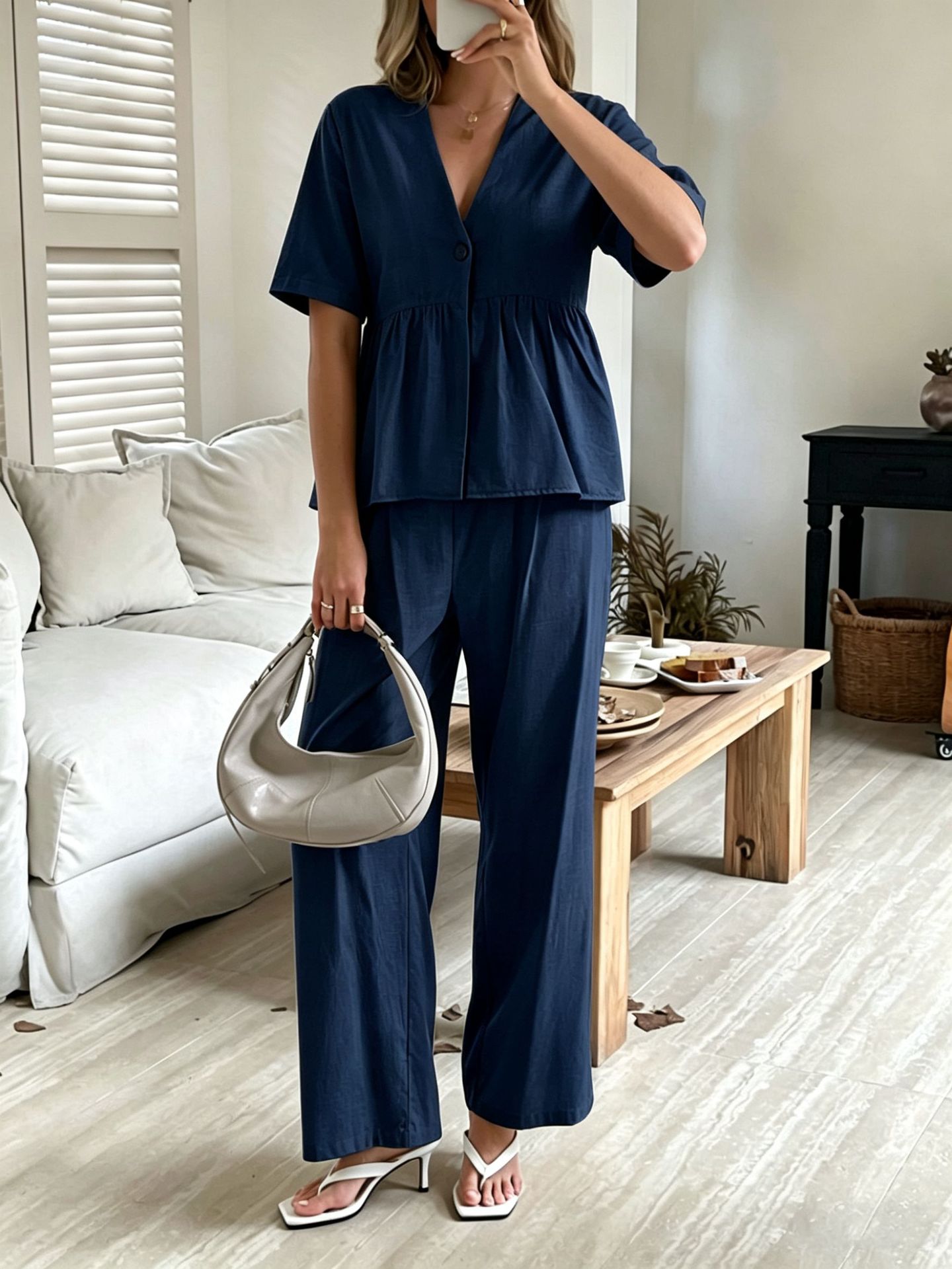Women's V-Neck Co-ord Set in Navy Blue – elegant casual