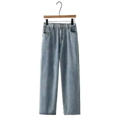 High Waist Slimming Denim Straight-leg Pants Loose - Blue - View 1