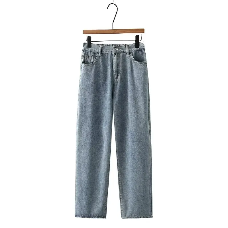 High Waist Slimming Denim Straight-leg Pants Loose - Blue