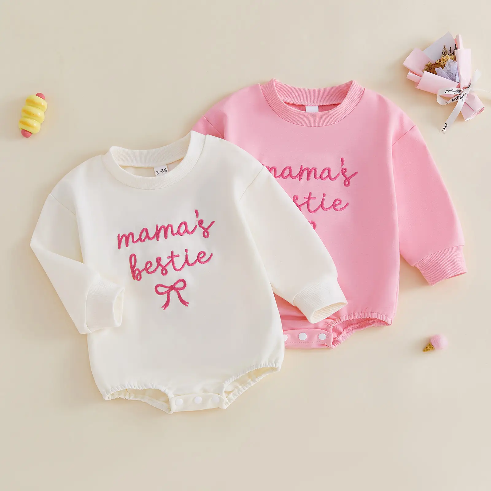 Letter Bow-knot Embroidered Long-sleeve Romper