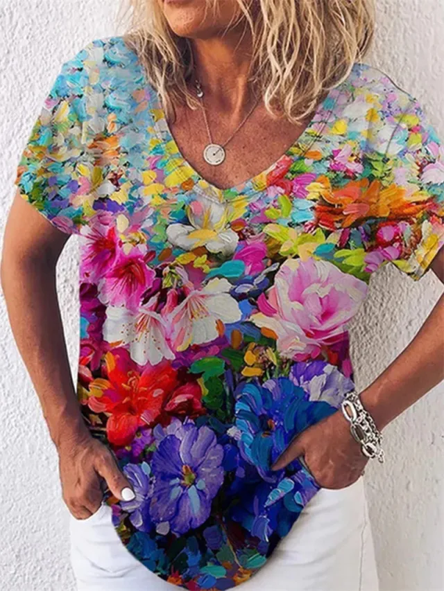 Summer Popular Floral Print Short sleeved V neck T shirt For Women - Shop at LoveMi
