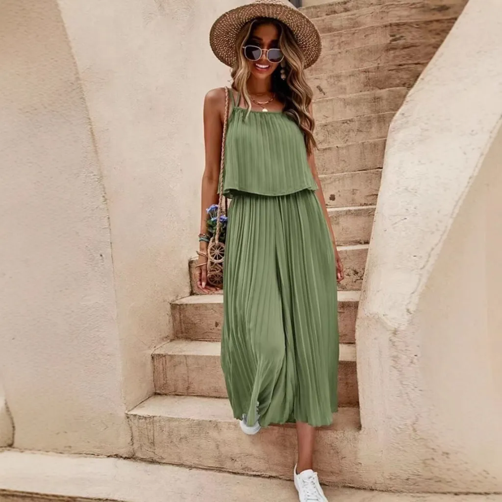 Camisole Tube Top Pleated Loose Fashion Jumpsuit - Army Green