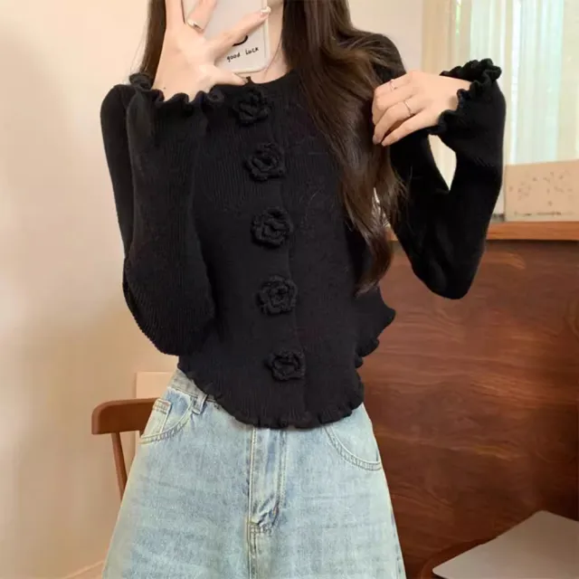 Women's Three dimensional Flower Long sleeved Sweater With Wooden Ear Black - Shop at LoveMi