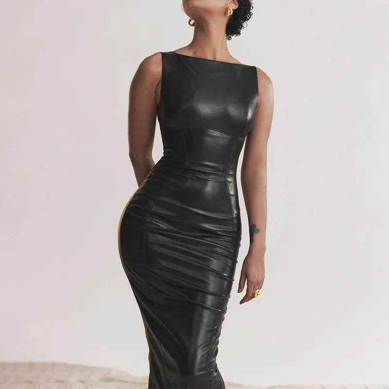 European And American Style Women Dress Autumn New PU Leather Skirt Split Long Dress - Black