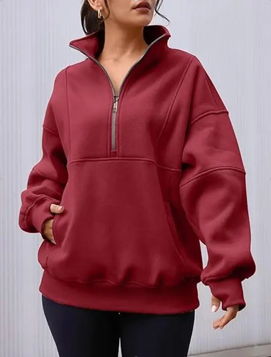 Zipper Patchwork Pocket Brushed Hoody Women's Loose Wine Red - Shop at LoveMi