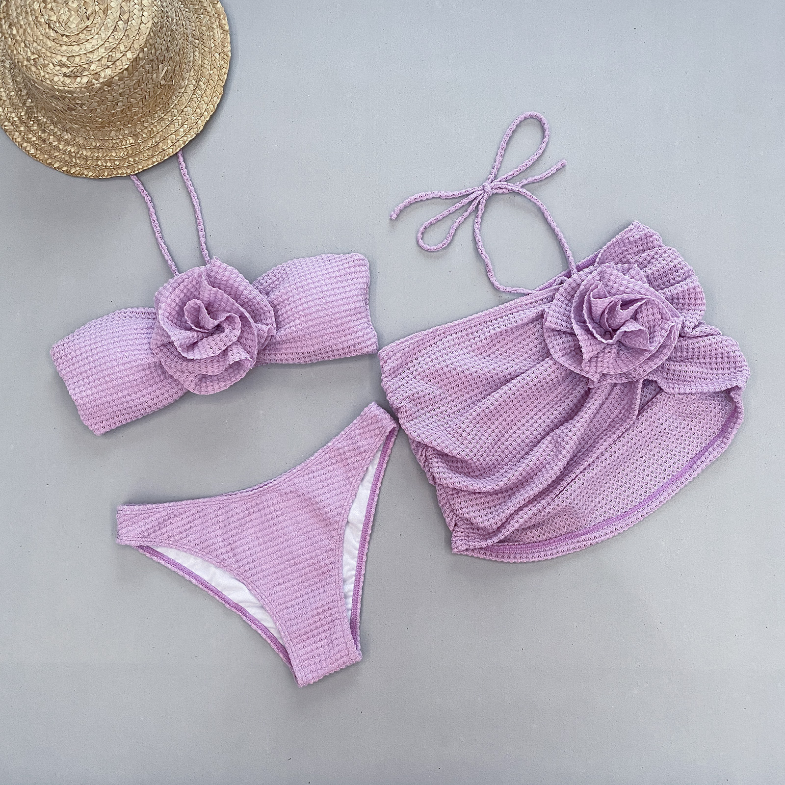 3D Flower Split Women's Swimsuit Three-piece Bikini - Image 16