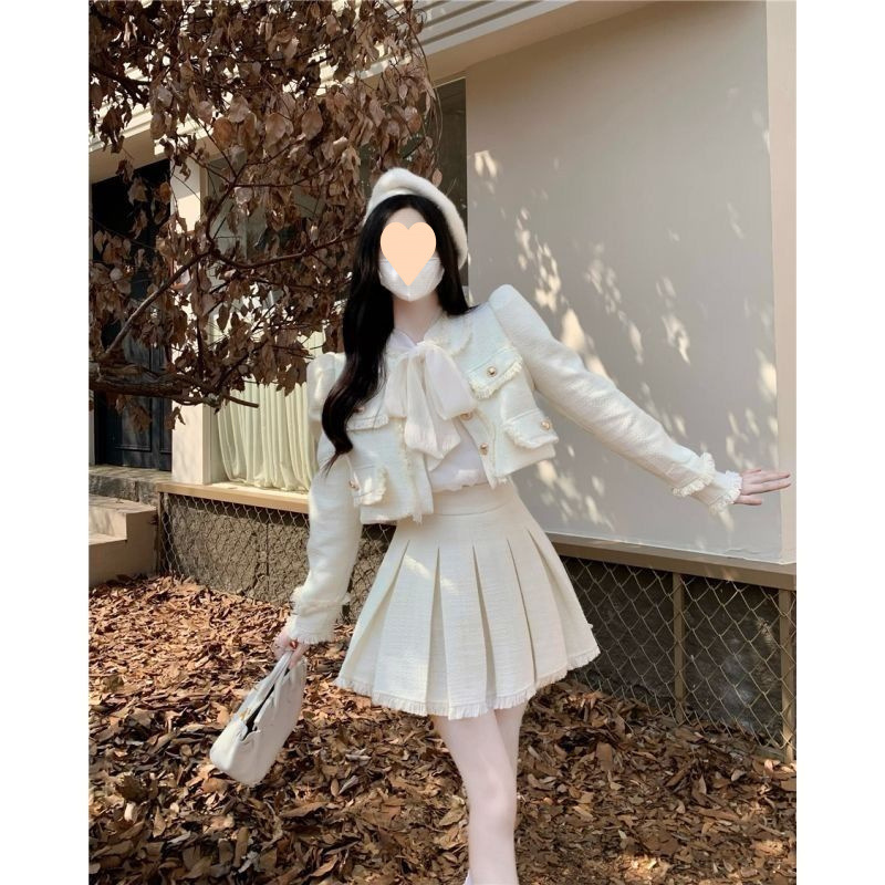 Chanel Style Suit Dress Two piece Set Female Autumn And Winter Elegant Socialite Beige - Shop at LoveMi