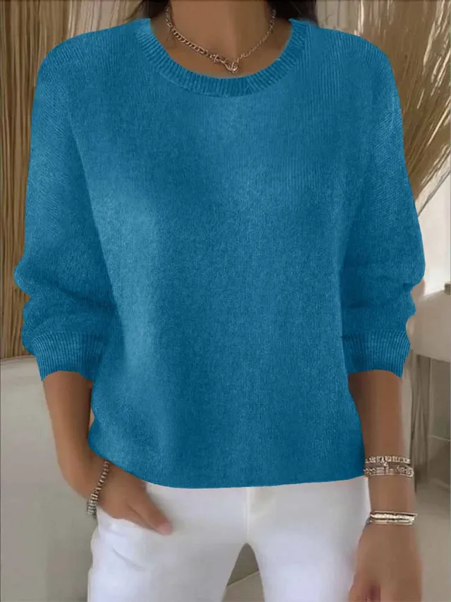 Women's Solid Color Long Sleeve Sweater Peacock Blue - Shop at LoveMi