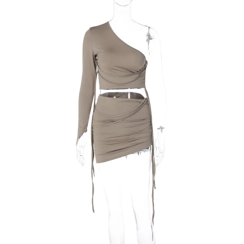 One Shoulder Midriff-baring Top Side Drawstring Skirt Suit - Khaki