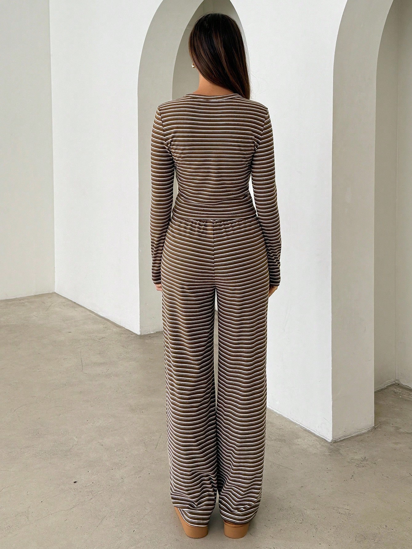 Detail view of striped knit fabric on women's two-piece set
