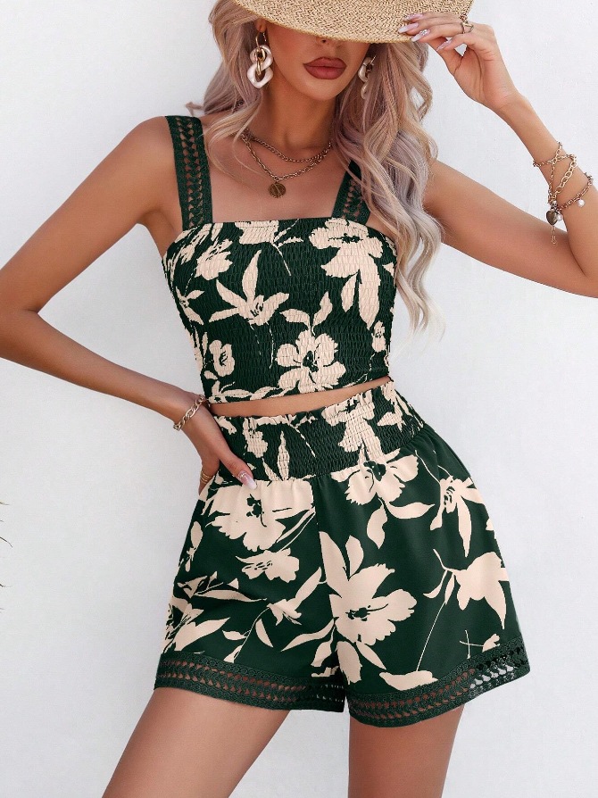 New Summer Floral Print Suspender Top And Shorts