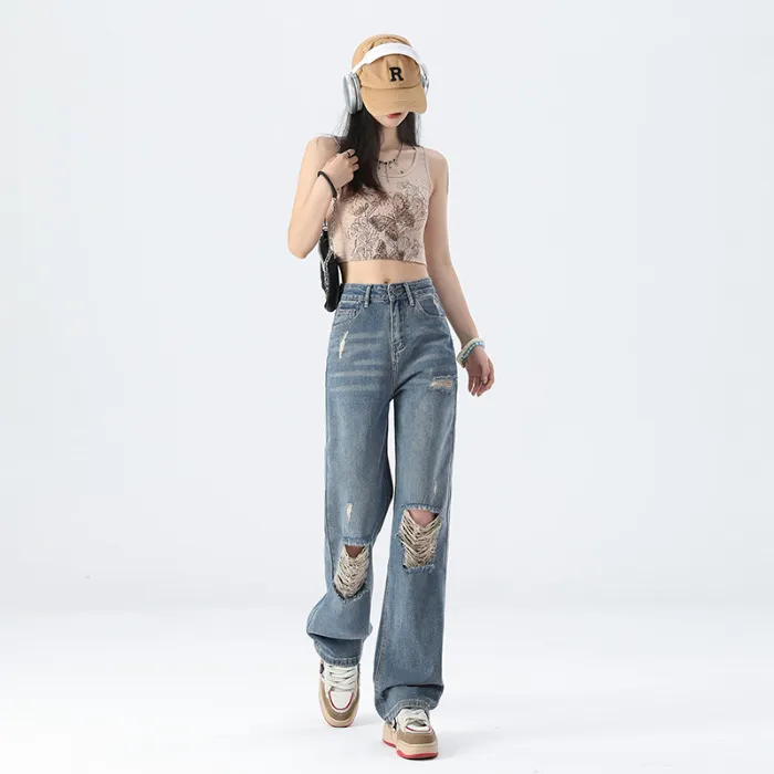 New High Waist Slimming And Wide Leg Jeans For Women - Blue Cropped