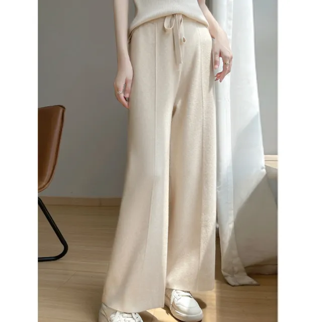 Autumn And Winter New High Waist Loose And Slimming Knitted Trousers Beige Apricot - Shop at LoveMi