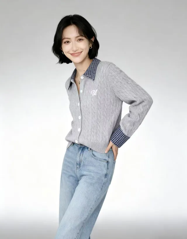 Plaid Stitching Lapel Long Sleeve Twist Knitted Sweater Gray - Shop at LoveMi