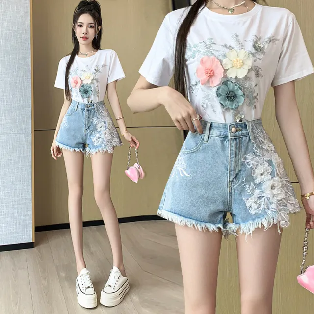 Exquisite Embroidered Flowers Denim Shorts For Women Blue - Shop at LoveMi