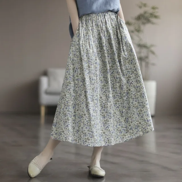 Artistic Floral Washed Cotton Sweet Neighbor's Beautiful Printed Skirt Little Blue Flowers - Shop at LoveMi