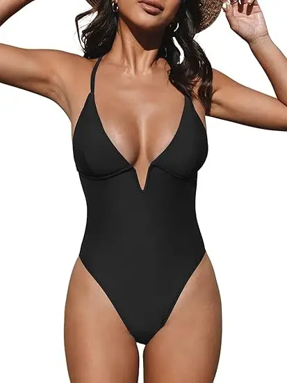 New Solid-color V-neck Backless One-piece Swimsuit