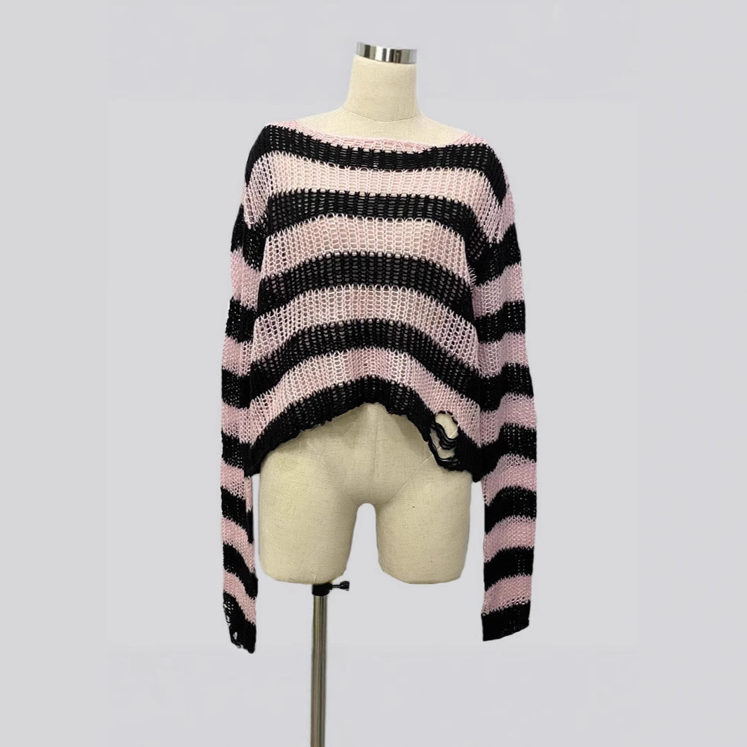 Womens Short Crew-neck Striped Pullover Knit Sweater