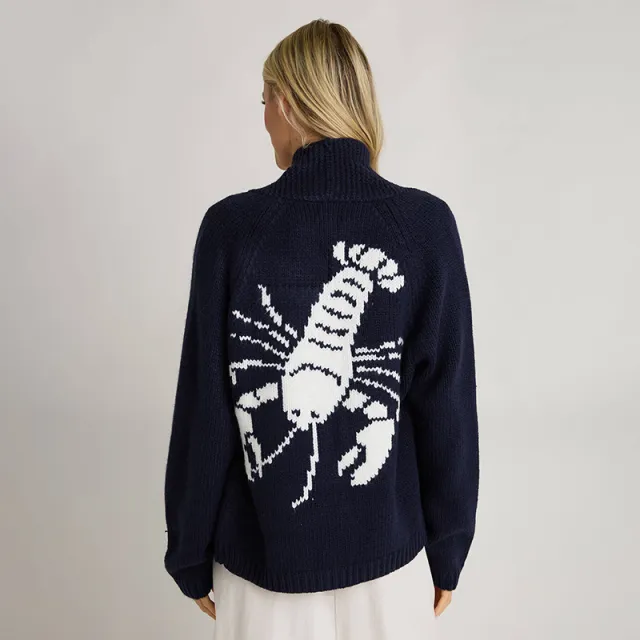 Women's Cardigan Long Sleeve Shrimp Printed Knitted Navy - Shop at LoveMi