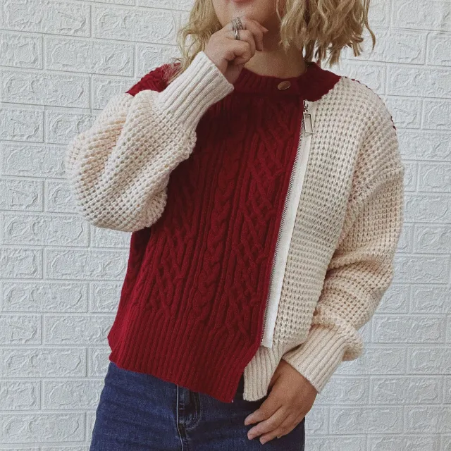 Round Neck Oblique Zipper Twist Color Contrast Patchwork Knitted Cardigan Sweater Coat Red - Shop at LoveMi