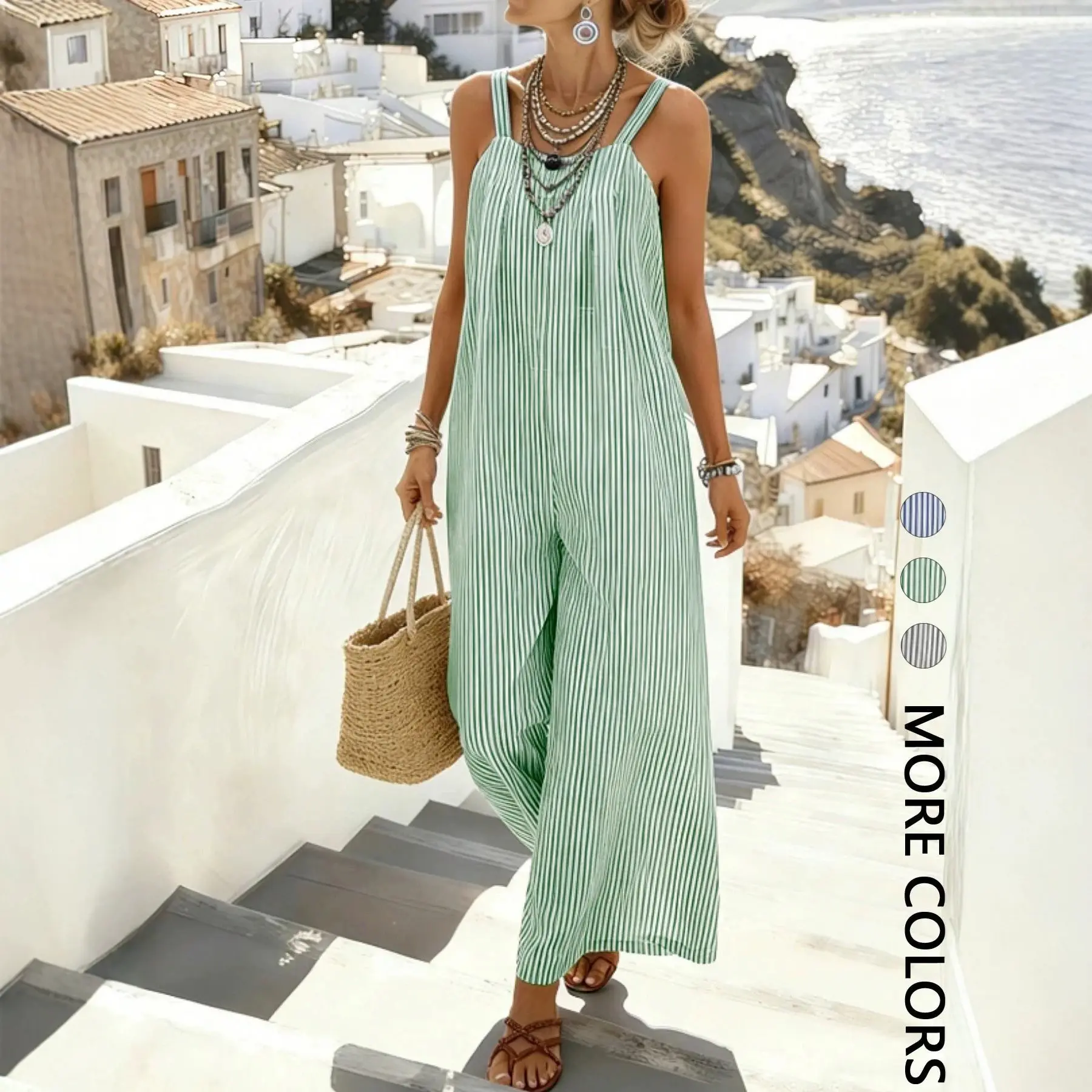 Womens Relaxed-fit Striped Sleeveless Wide-leg Jumpsuit