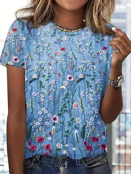 European And American Loose Round Neck Short Sleeve Floral Printed T shirt Blue - Shop at LoveMi