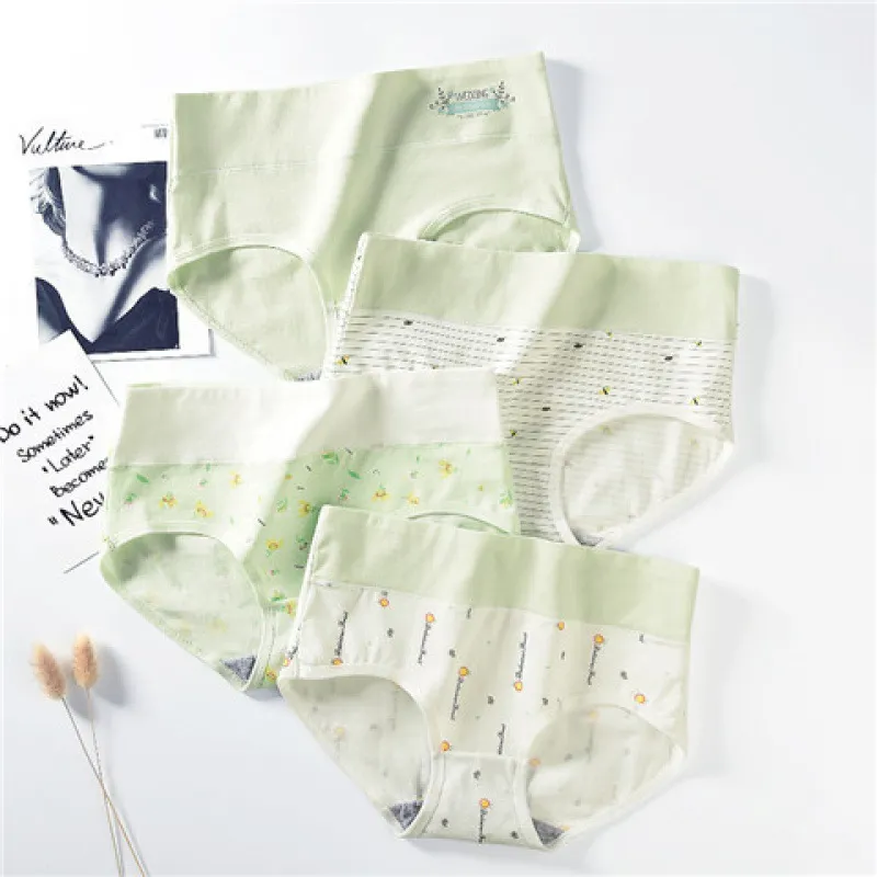 Girls' Cotton Briefs High Waist Shorts For Older Girls - 4 Pack Grass Green Flowers