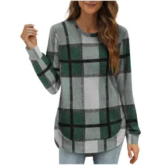 Women's Casual Loose Plaid Long Sleeve Round Neck Irregular Bottoming Shirt Top - Green - View 1
