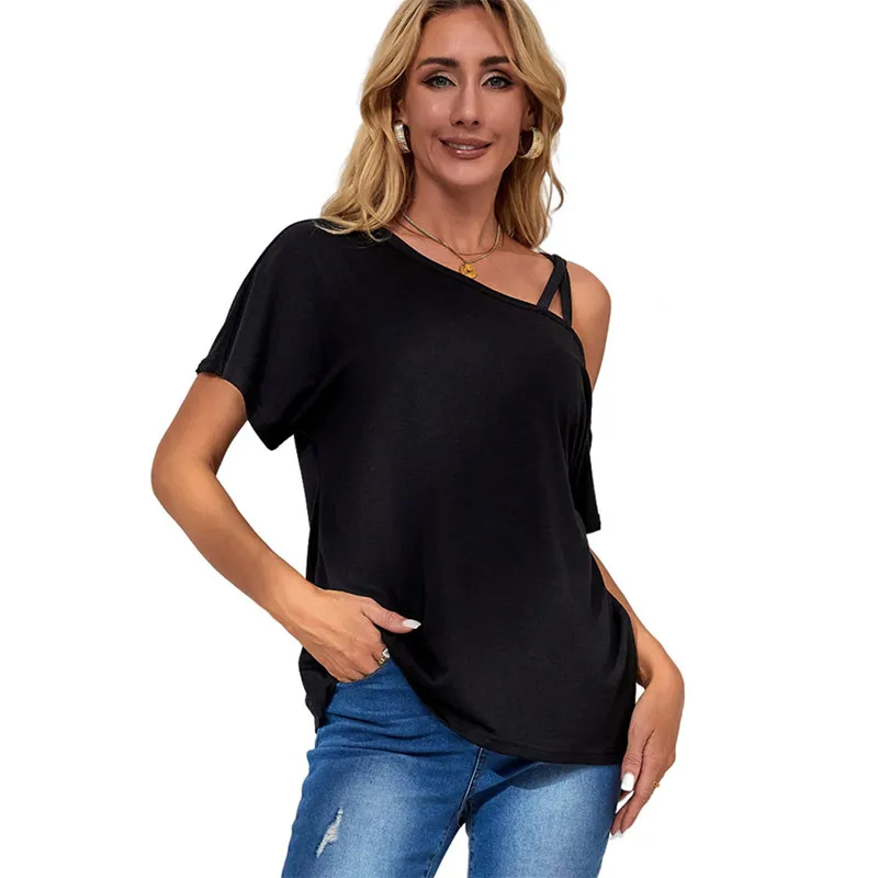 Solid Color Top Off-the-shoulder Knitted T-shirt For Women - Black