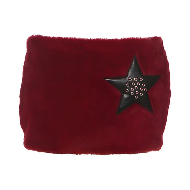 Faux Fur Mini Skirt With Pentagram Studs And Low Waist Red - Shop at LoveMi