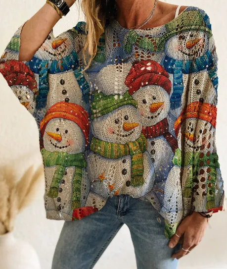 Bat Loose Off shoulder Boat Neck Diamond Hollow out Contrast Color Christmas Print Knitted Sweater Pattern 6 - Shop at LoveMi