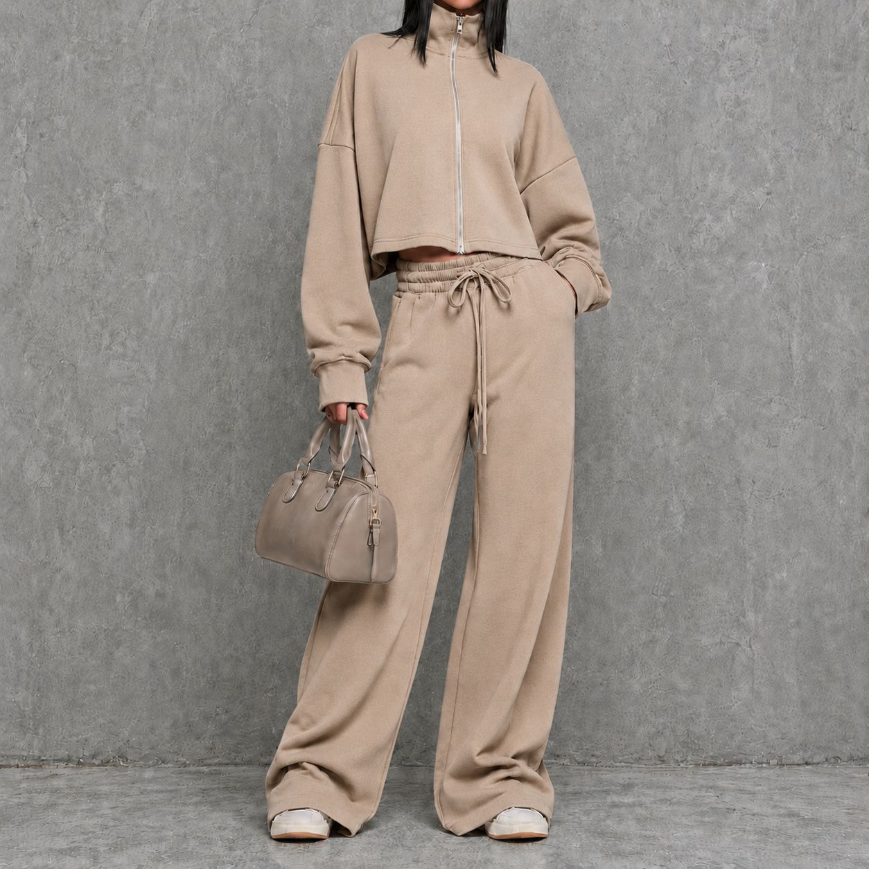 Stand-up Collar Zip-up Hoodie Jacket And High-waisted Wide-leg Casual Pants Set