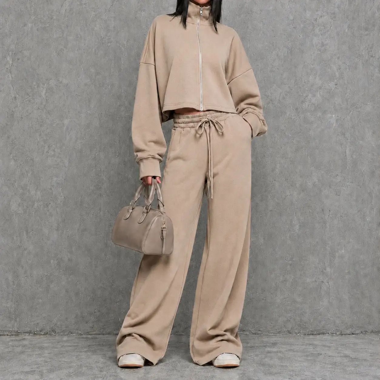 Stand-up Collar Zip-up Hoodie Jacket And High-waisted