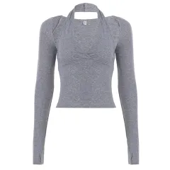 Women's Halterneck Waist-Cinching Camisole With Long Sleeves - Grey - View 1