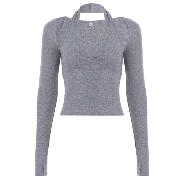 Women's Halterneck Waist Cinching Camisole With Long Sleeves Gray - Shop at LoveMi