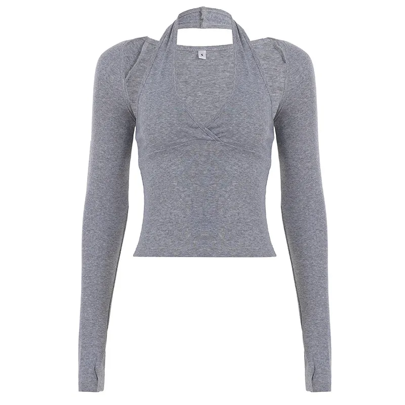 Women's Halterneck Waist-Cinching Camisole With Long Sleeves - Gray