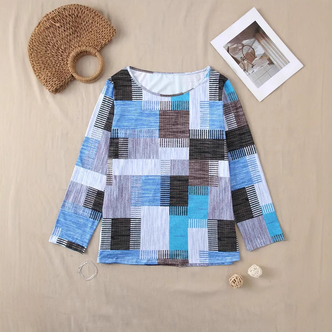 Casual Versatile Geometric Round Neck Long Sleeve Top