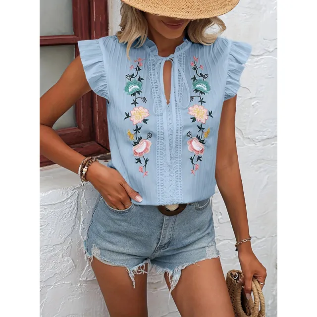 Women's All match Leisure Embroidery Short sleeved Shirt Light Blue - Shop at LoveMi