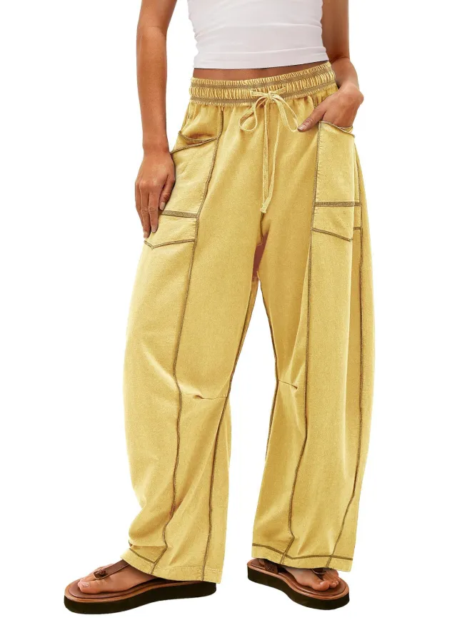 Casual Summer Wide Leg Drawstring Waist Casual Pants Yellow - Shop at LoveMi