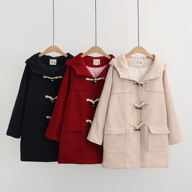 Thickened Mid-length Autumn And Winter Horn Button Woolen Coat