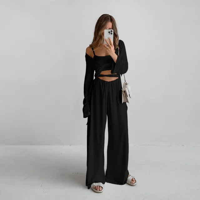 Comfortable Modal Long sleeve Pajama Set With Long Pants Black - Shop at LoveMi