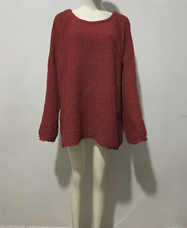 Flare Sleeve Sweater Round Neck Long Sleeve Loose Top Wine Red - Shop at LoveMi
