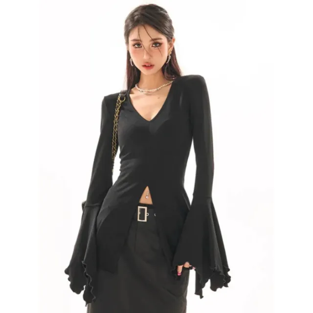 Women's Fall Slim Fit Slimming Sense Of Design Split Long sleeved Versatile Top Black - Shop at LoveMi