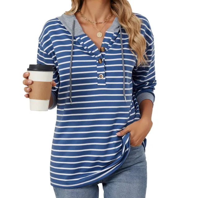 Striped Color Contrast Patchwork Hooded Long Sleeve Loose Sweatshirt Women Blue - Shop at LoveMi